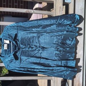 Kathie Lee Woman Green Teal Satin Silky Button Up Long Sleeve Blouse 26 W/28w